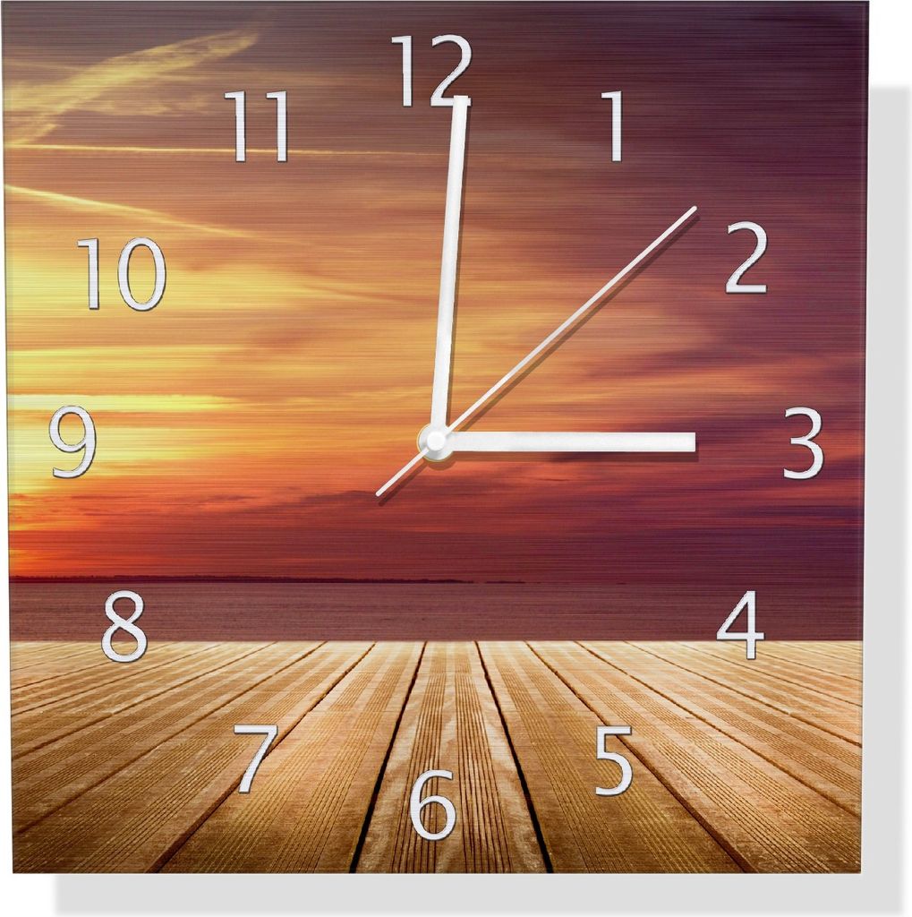 Wallario Design Wanduhr Steg am See - Sonnenuntergang und roter Himmel aus Aluverbund, Größe 30 x 30 cm