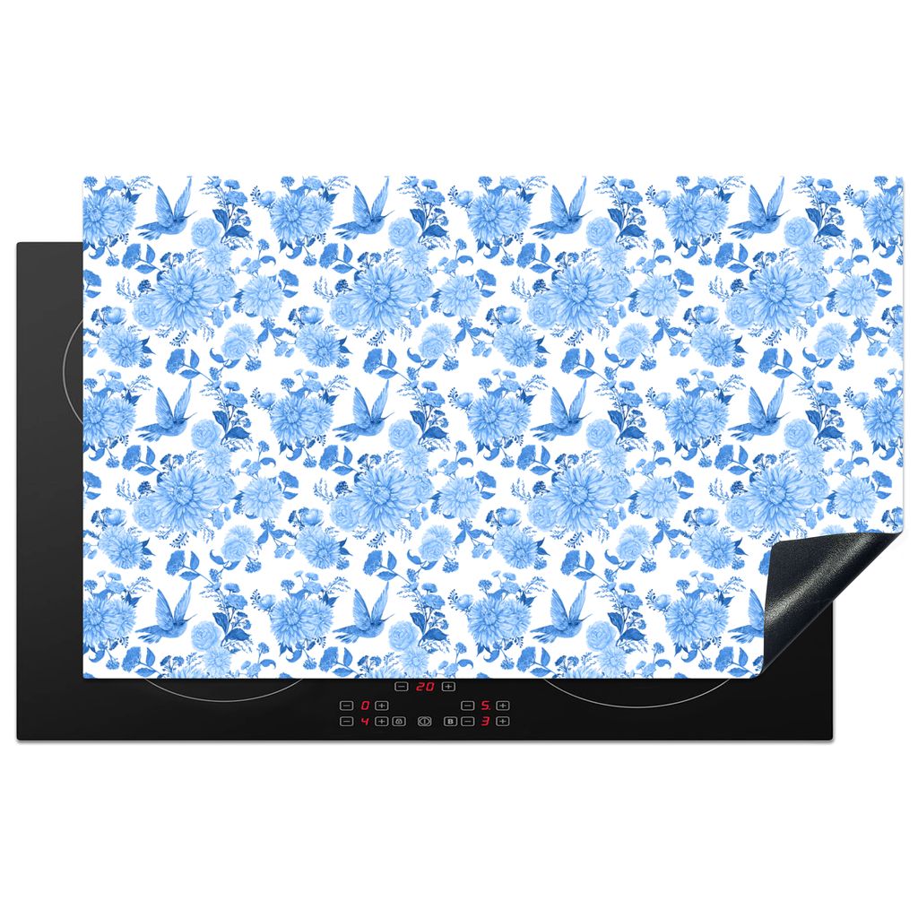 KitchenYeah Herdabdeckplatte Blumen - Muster - Blau , 85x52cm, Küche Deko, Glaskeramikkochfeld Herdabdeckung, Abdeckplatte fùr Kochfeld