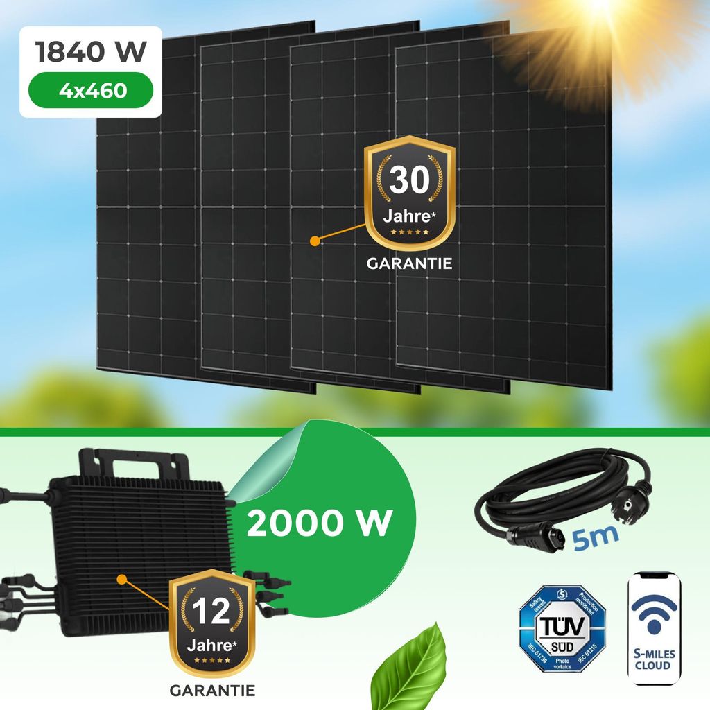 Balkonkraftwerk 1840Watt mit HMS 2000W Hoymiles Wechselrichter. PV Module 4 x 460 Watt , APP.