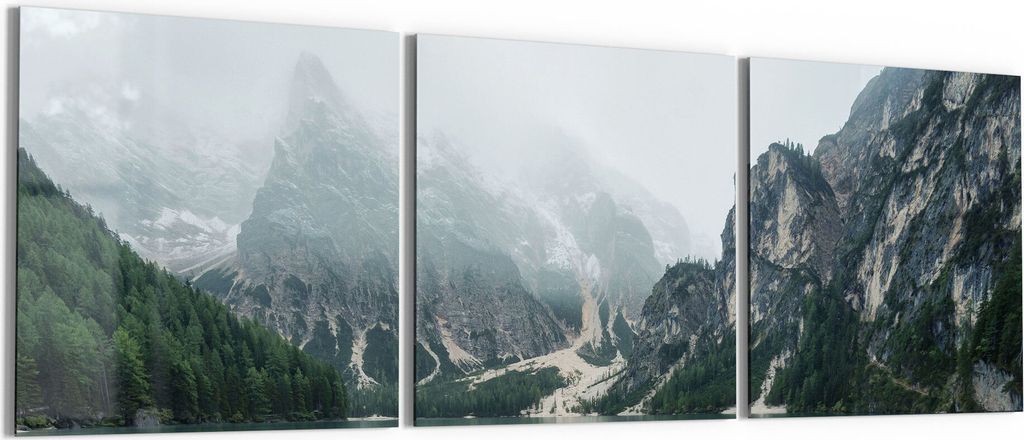 DEQORI Glasbild Echtglas 3x50x50 cm 'Bergsee und Bootsteg' Wandbilder XXL groß