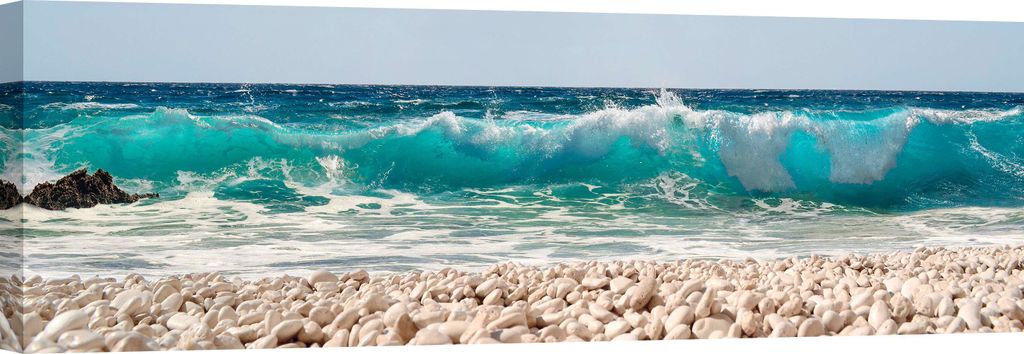 Leinwandbild - Pangea Images, Welle am Kiesstrand - 120x40 cm