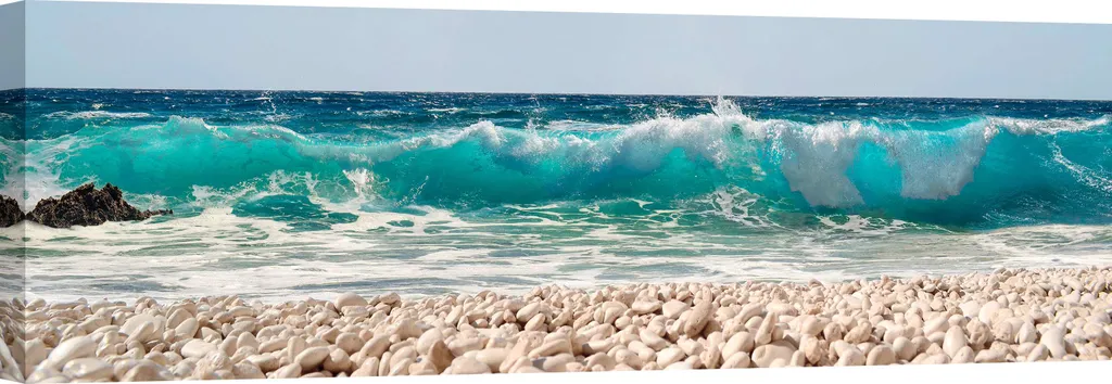 Décoration murale vague et plage galets : Tableau panoramique 120x40