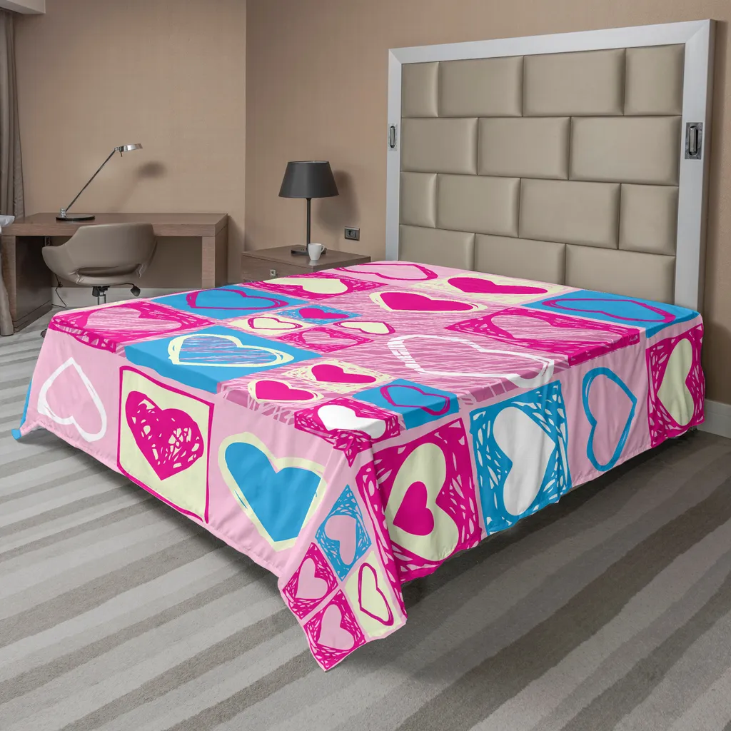 Drap de Lit Doux Imprimé Cœurs Carrés Rose et Bleu XL 275 x 260 cm
