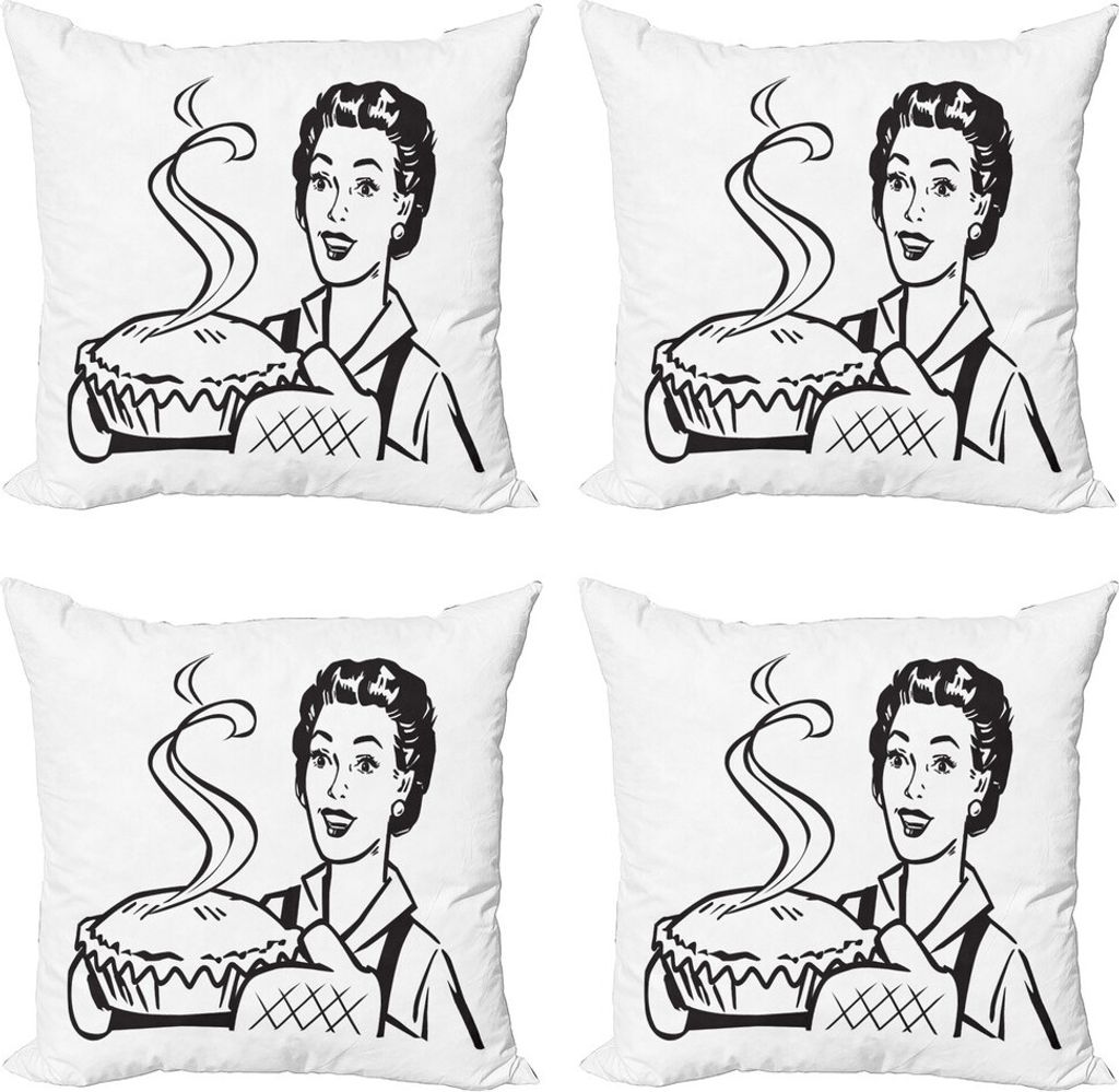 ABAKUHAUS Weinlese-Frau Kissenbezug Set (4 Stück), Frau Bakes Pie, Moderner Doppelseitiger Digitaldruck, 40 cm x 40 cm, Schwarz und weiß