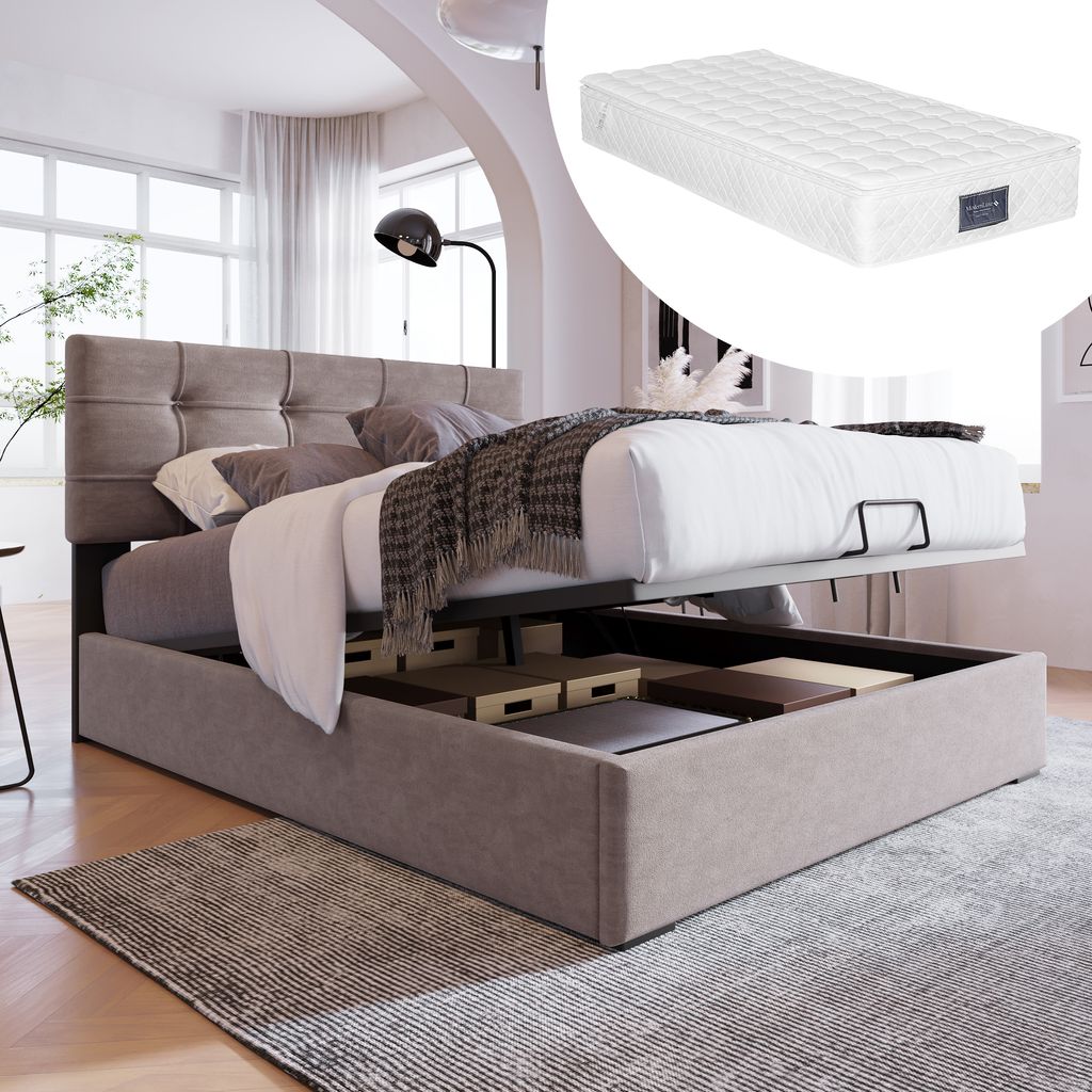 MODFU Boxspringbett Hydraulisches 90 x 200 cm mit LED-Beleuchtung und Verstellbares Kopfteil, Polsterbett Einzelbett Stauraumbett mit Bettkasten St...