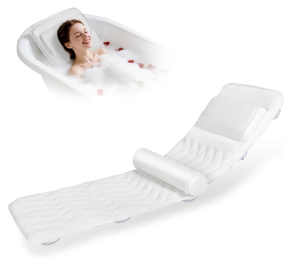 Badewannenkissen Ganzkörper 123×40cm für Körpergrößen von 160-180cm, Badewannenmatte mit Kopfstütze für Nacken und Rücken, schnelltrocknen...