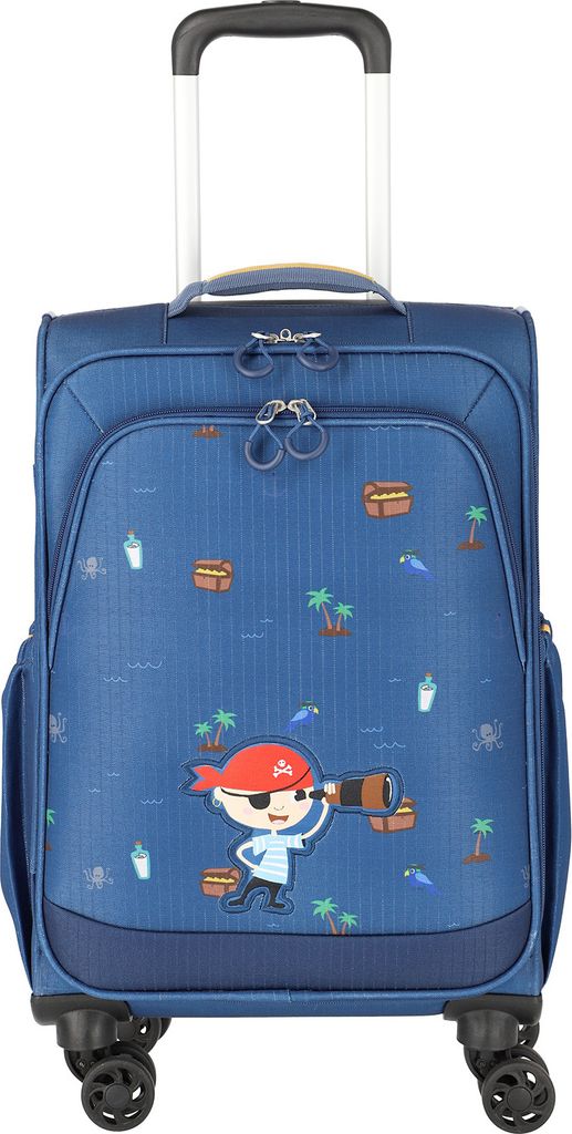 A blue children's trolley with a pirate design.