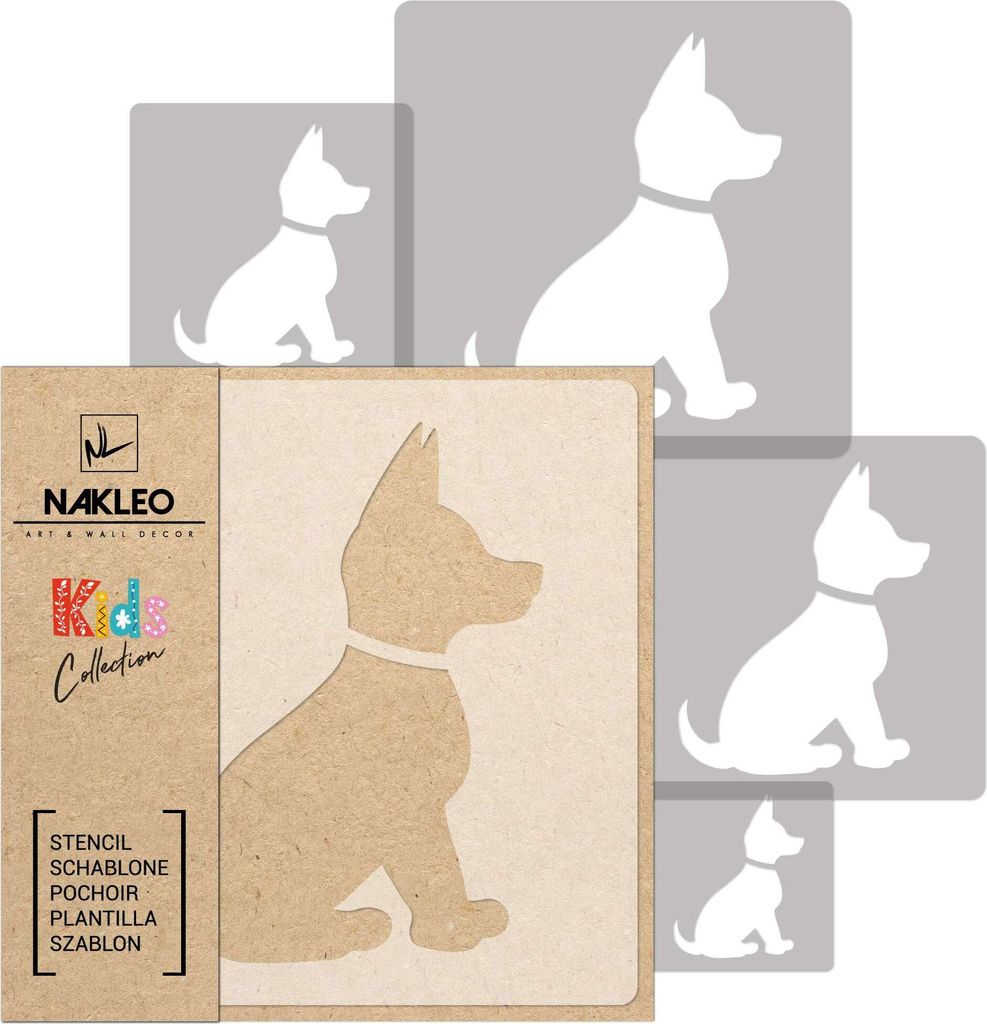 Schablonen Malen für Kinder, 5 Stück Set 9x9 cm bis 34x34 cm Hund Welpe Tier, Wiederverwendbare Kunststoff für Kinderzimmer Malvorlage Raumdekor...