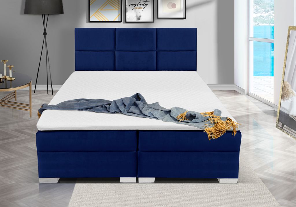 Boxspringbett RIO 140 x 200 cm Amor Velvet 13 Blau Bett mit zwei Bettkästen und Matratze,Komplett-Set mit Topper, Doppelbett, Polsterbett