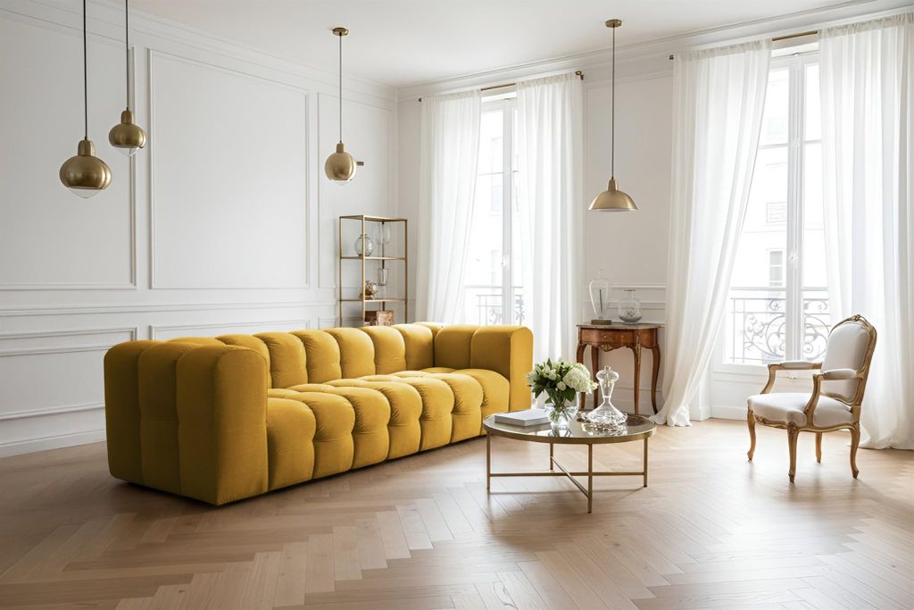 Sofa Designersofa SOLVIE 4-Sitzer in Stoff Tiffani Honiggelb