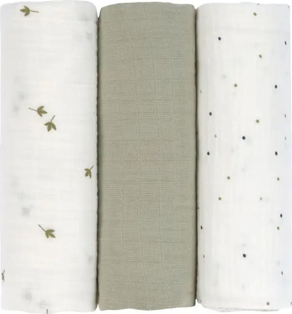 LAESSIG Swaddle & Burp Blanket L Leave olive, 3 pcs, 85 x 85 cm L LEAVE OLIVE