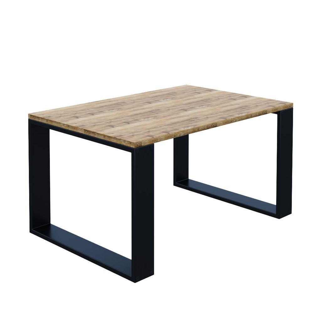A rectangular coffee table with a wood-grain top and black metal legs, presented against a white background.