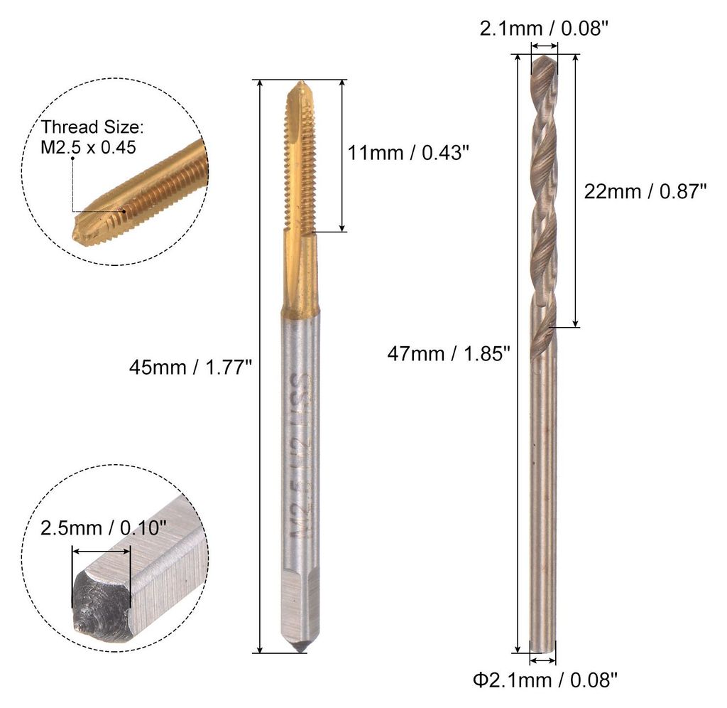 M2,5 x 0,45 Spiralspitzgewindebohrer 2,1mm Bohrer Set Metrisch Schnellstahl Maschinenschraube Gewindebohrer Gewindeschneidwerkzeug