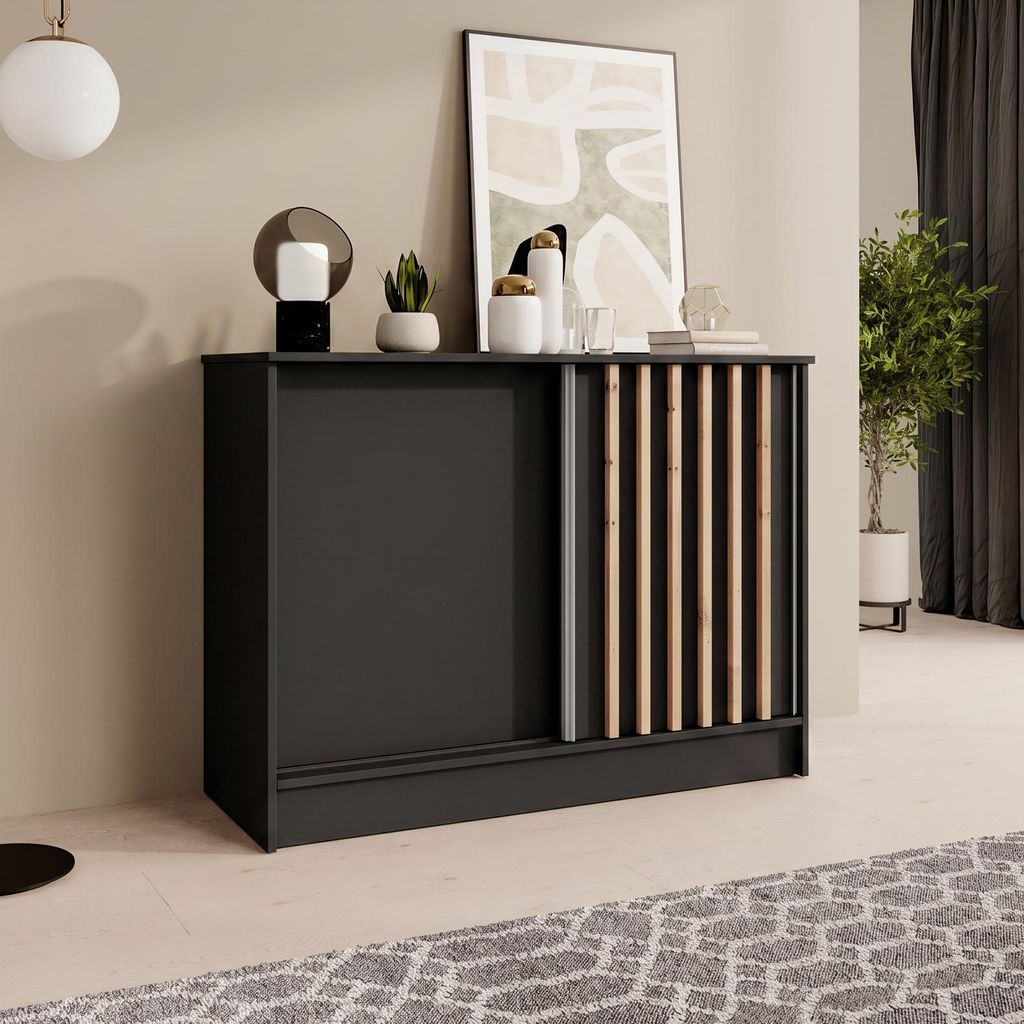 BEAUTYSOFA | Kommode HORIZON 100 cm Schwarz, Artisan mit Lamellen Sideboard mit 2 Schiebetüren, Modernes Design, viel Stauraum