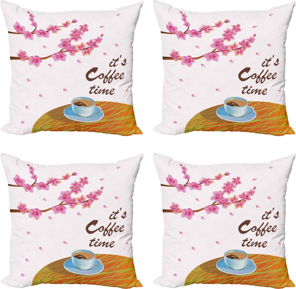 ABAKUHAUS Kaffeezeit Kissenbezug Set (4 Stück), Cherry Blossom und Cup, Moderner Doppelseitiger Digitaldruck, 45 cm x 45 cm, Mehrfarbig