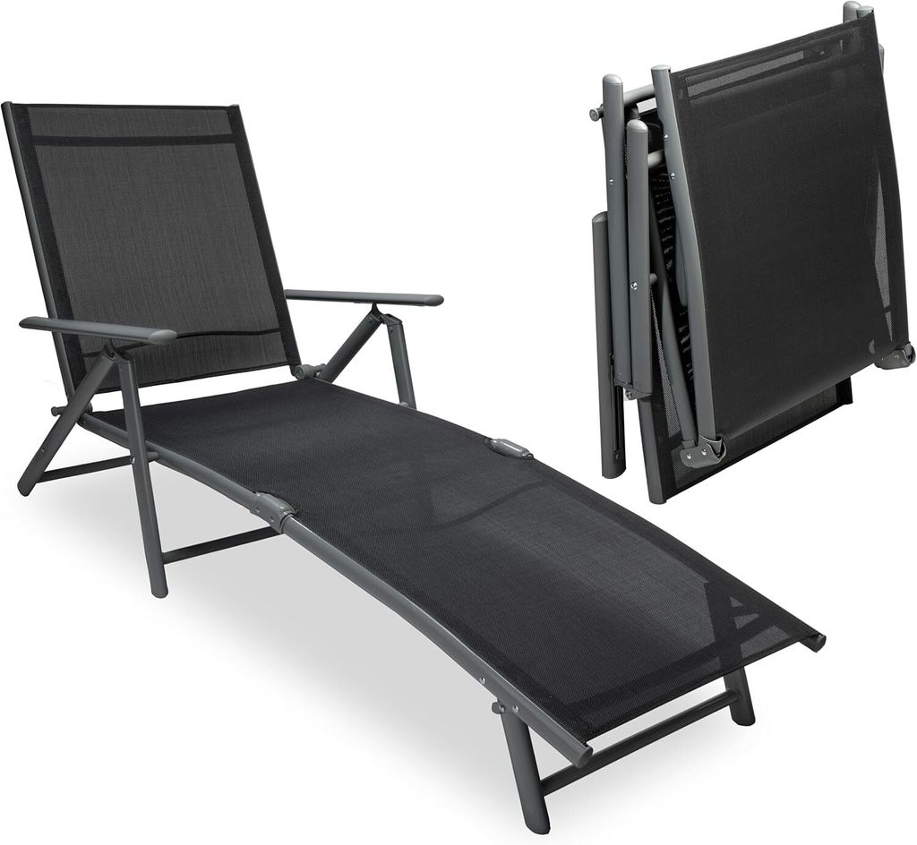 A black folding sun lounger is shown in two views: one fully extended and one folded.