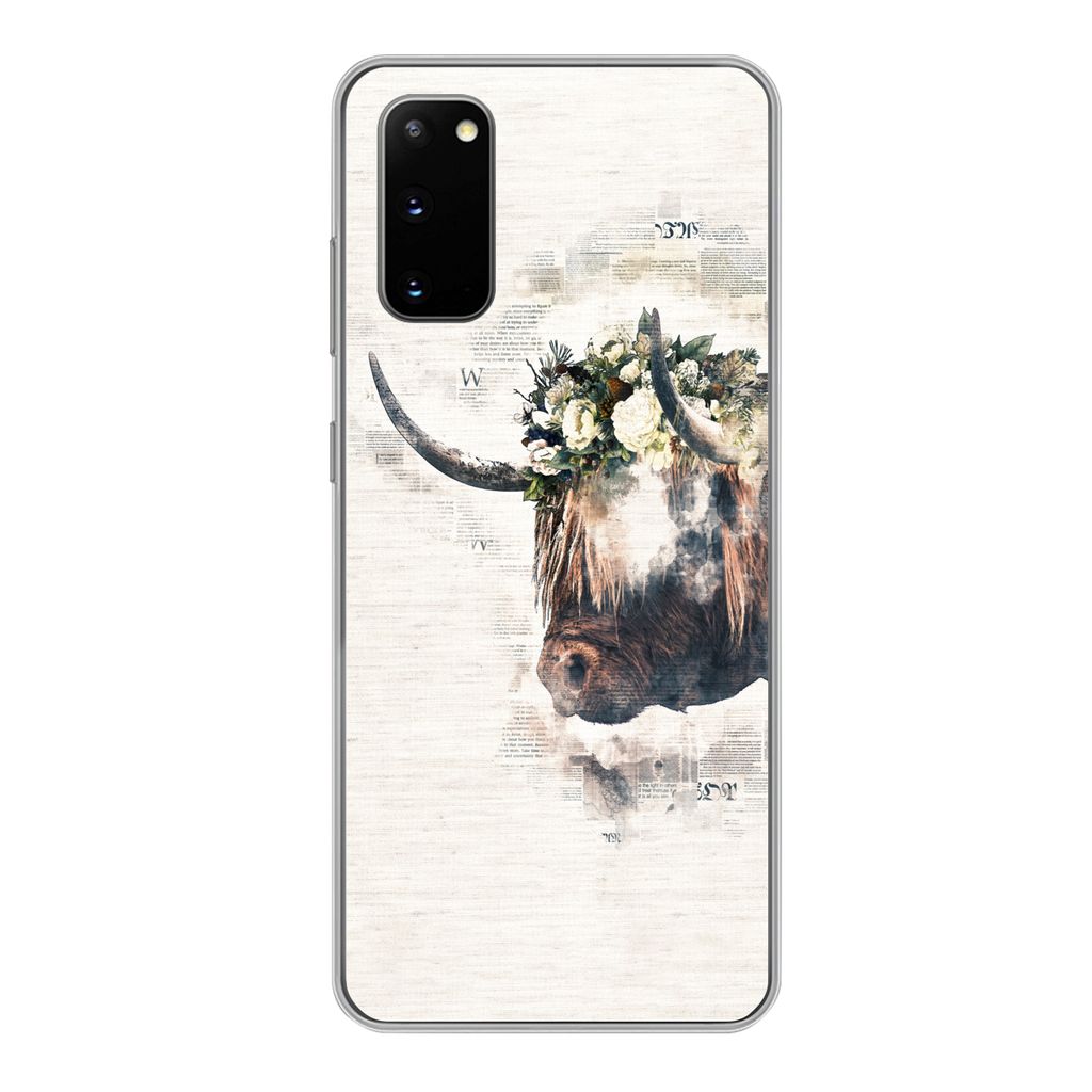 MuchoWow Handyhülle Schutzhülle Hülle für Samsung Galaxy S20 Schottischer Highlander - Rauch - Blumen Silikon Softcase Handy Hülle - Bild