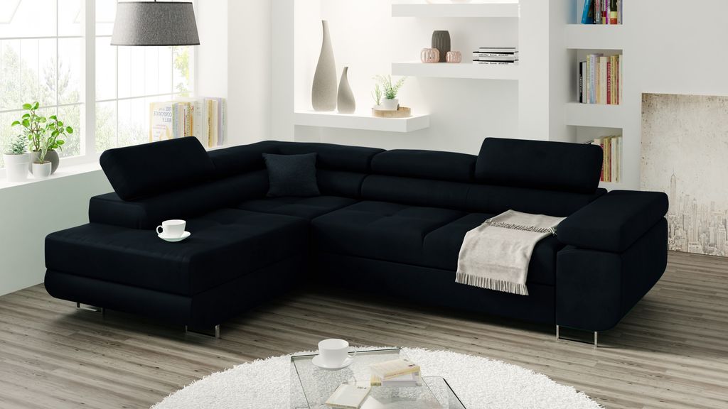 MINIO Polsterecksofa mit Ausklappfunktion und Stauraum MANILA Links | Schwarz 79