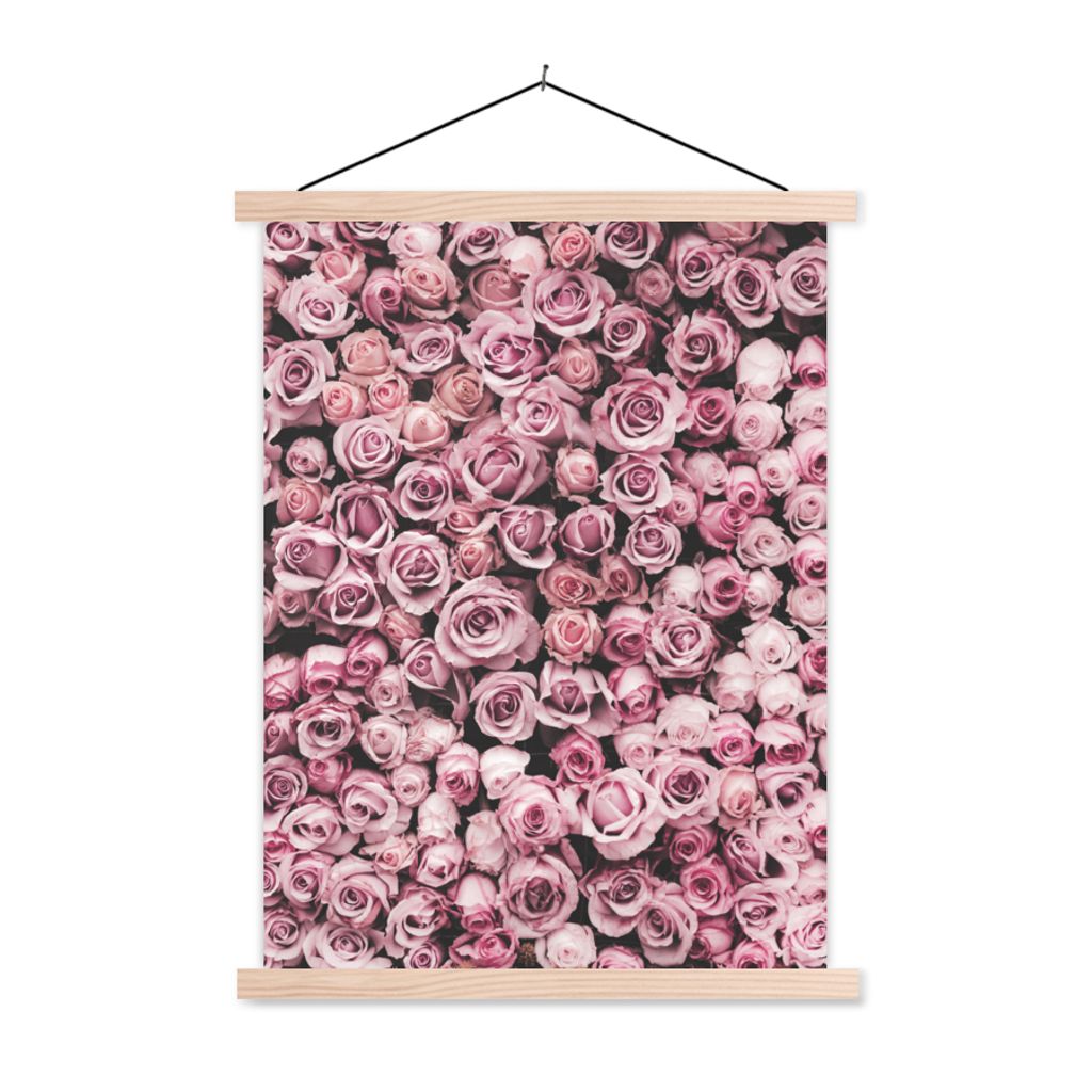 MuchoWow Textilposter Blumen - Rosen - Natur - Rosa - Botanisch 60x80 cm mit holzfarbenen Rahmen - Wandbild