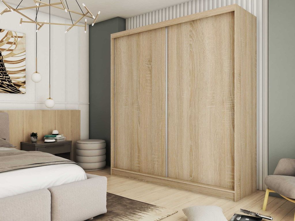 AGMAT Schwebetürenschrank Inari, Kleiderschrank mit 2 Türen, Moderne Garderobe in Farbe: Sonoma, Schrank in Größe: 200 x 216 x 61 cm