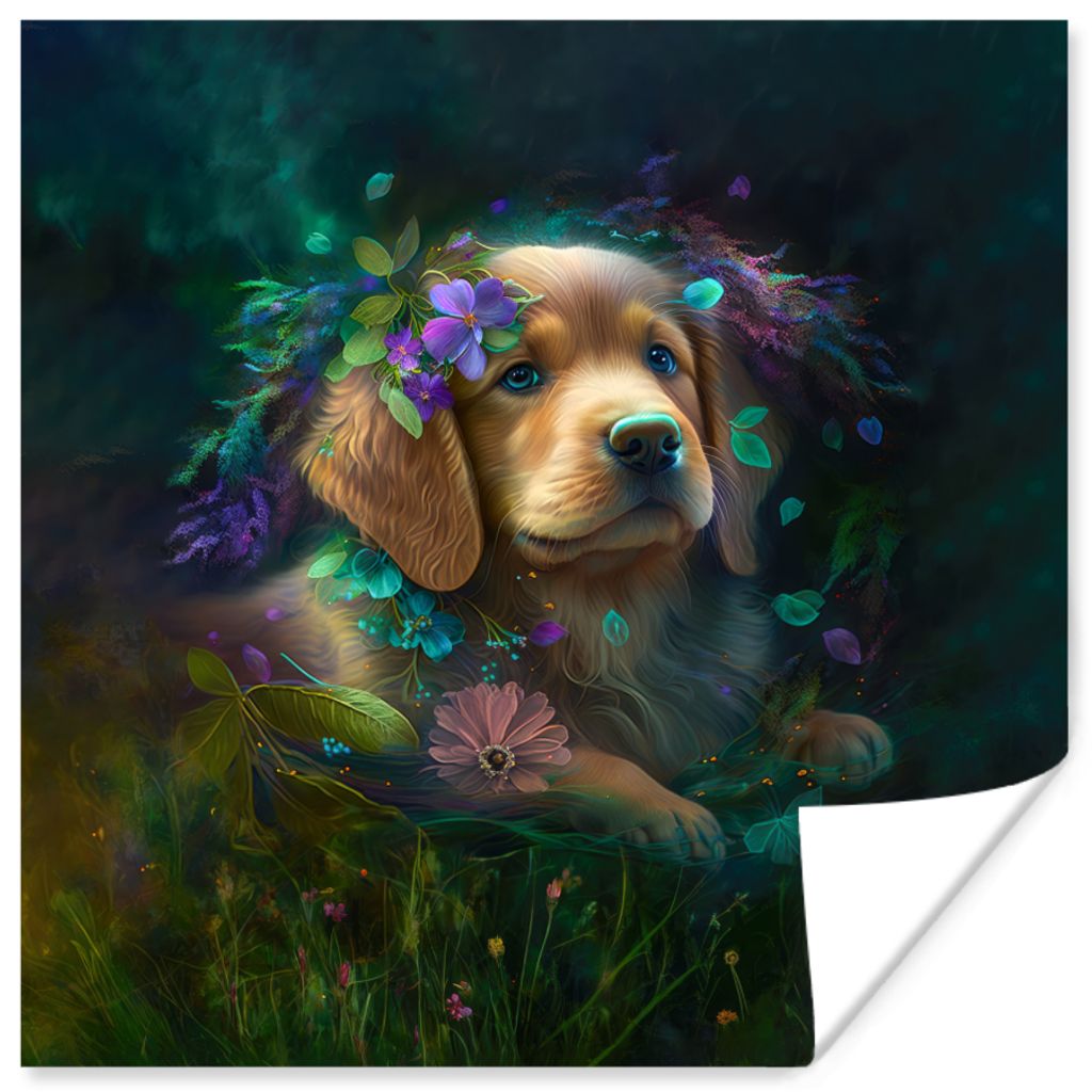 MuchoWow Poster Hund - Welpe - Blumen - Natur - Golden Retriever 50x50 cm - Wohnzimmerdekoration