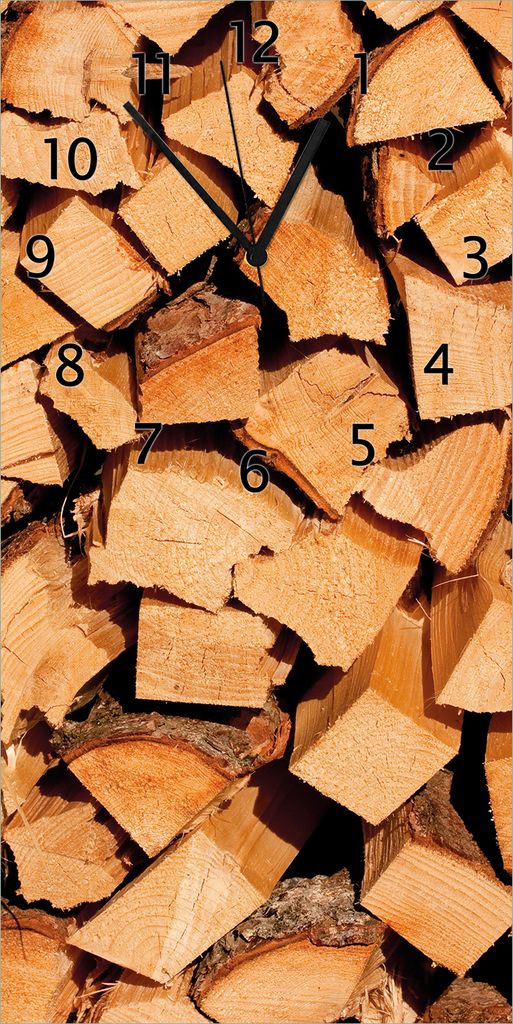 Wallario Design Wanduhr Holzstapel gehackt - Holzscheite für den Kamin aus Echtglas, Größe 30 x 60 cm