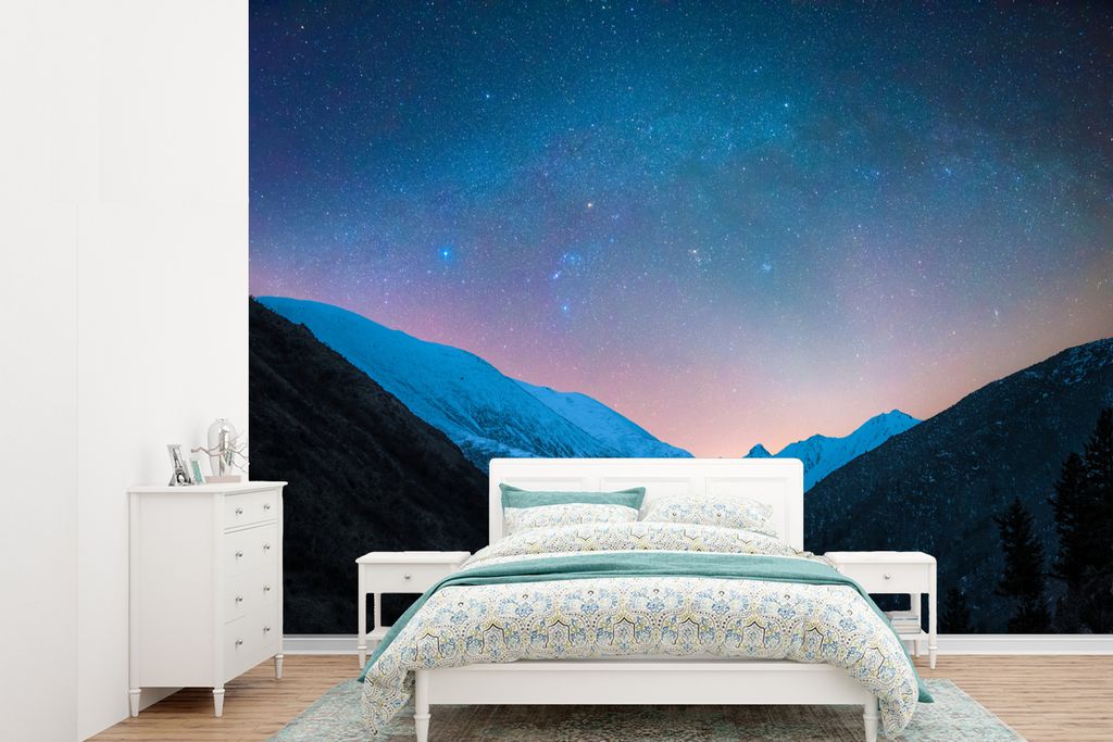 MuchoWow Fototapete für Wohnzimmer oder Schlafzimmer Wandtapete Vinyl Motivtapete Sternenhimmel - Blau - Berg - 415x300 cm - Küche