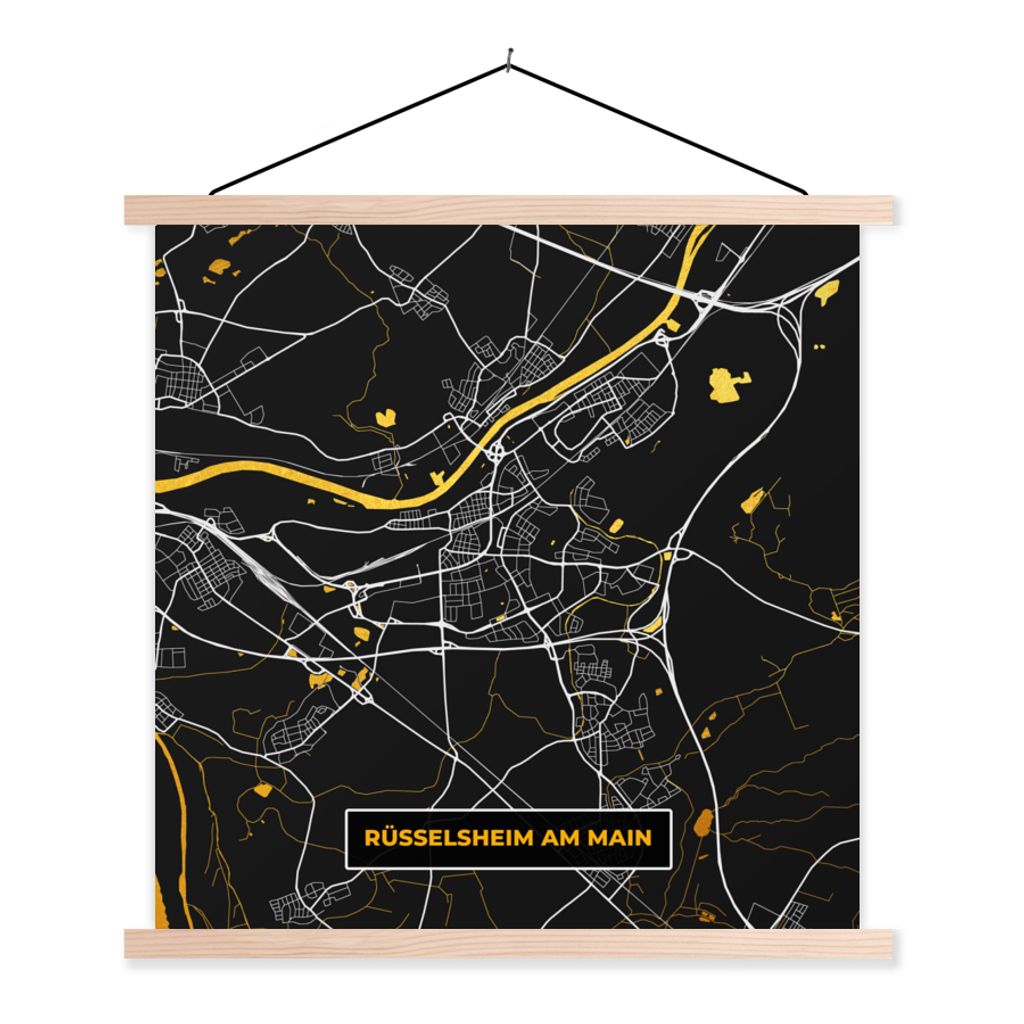 MuchoWow Textilposter Gold - Deutschland - Karte - Stadtplan - Rüsselsheim am Main 120x120 cm mit holzfarbenen Rahmen - Textil-Poster