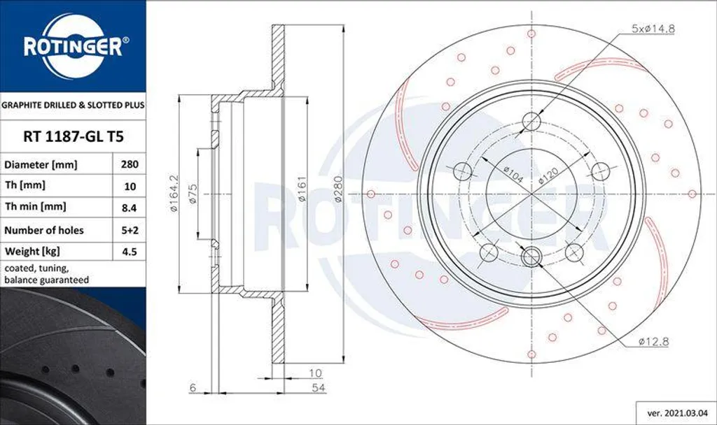 Disque de frein ventilé ROTINGER RT 1187-GL T5 série Graphite Line