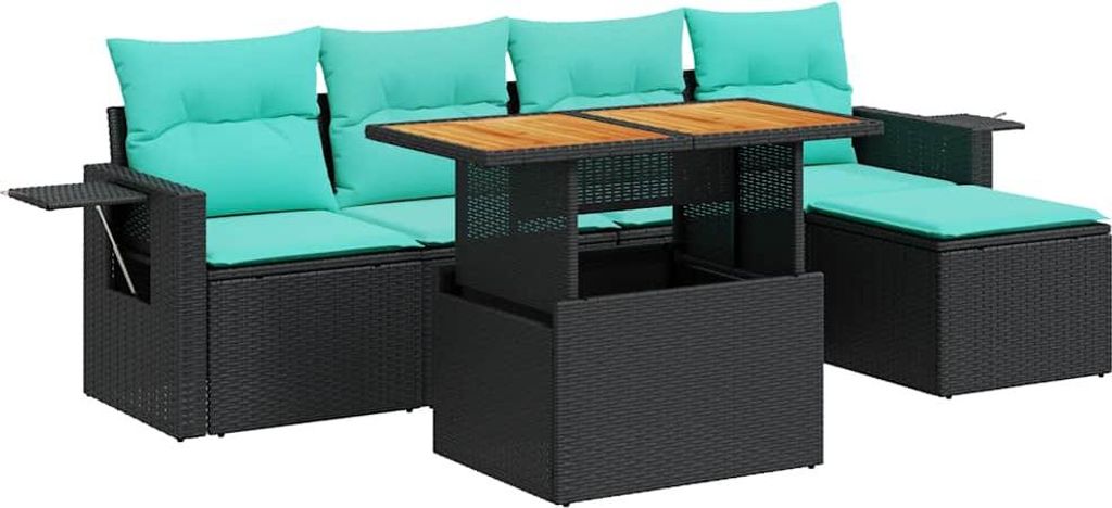 6-tlg. Garten-Sofagarnitur mit Kissen Schwarz Poly Rattan