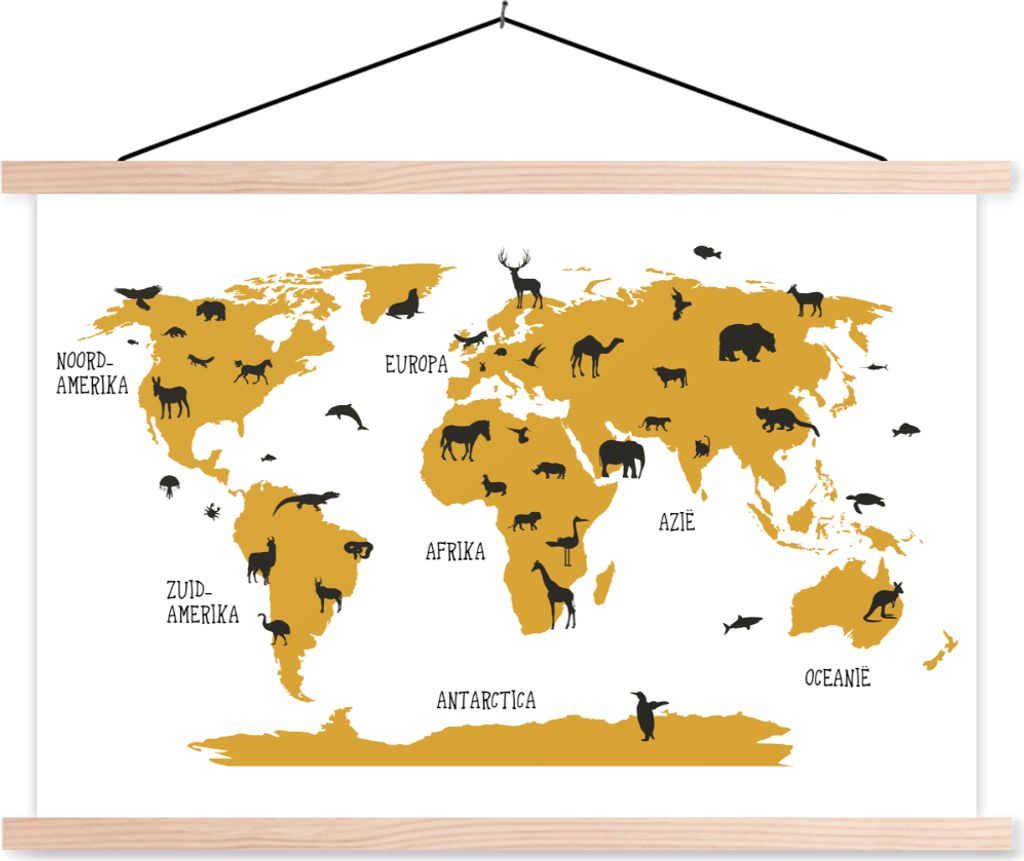 MuchoWow Textilposter Weltkarte - Kinder - Gold - Tiere - Kind 120x80 cm mit holzfarbenen Rahmen - Aufhängeset