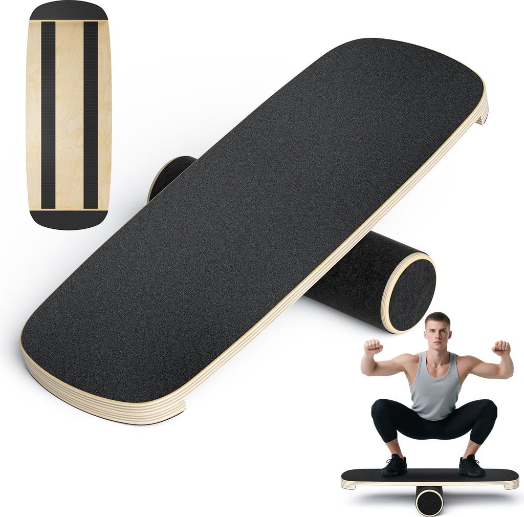 Balance Board Balanceboard - Skateboard-Form Surftrainer - 72,5×28×3,5 cm - Balancetraining für Beine - Gebogenes Holz - Schwarz