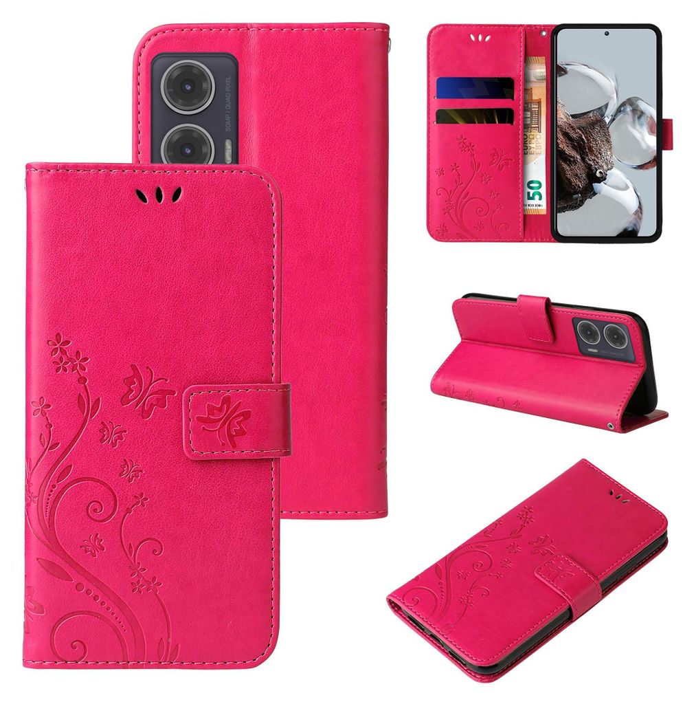 Handyhülle für Motorola Moto G35 5G Floral Blumen Schmetterling Flip Cover Hülle Case Klapphülle Handytasche Farbe: Pink