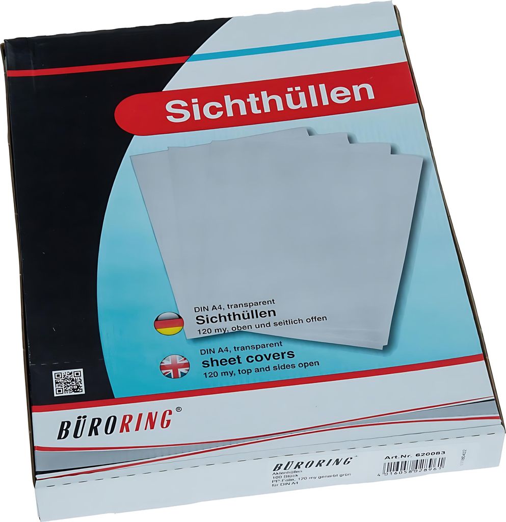 Büroring Aktenhülle DIN A4, grün, PP-Folie, 120 my, Oberfläche genarbt, 100 Hüllen