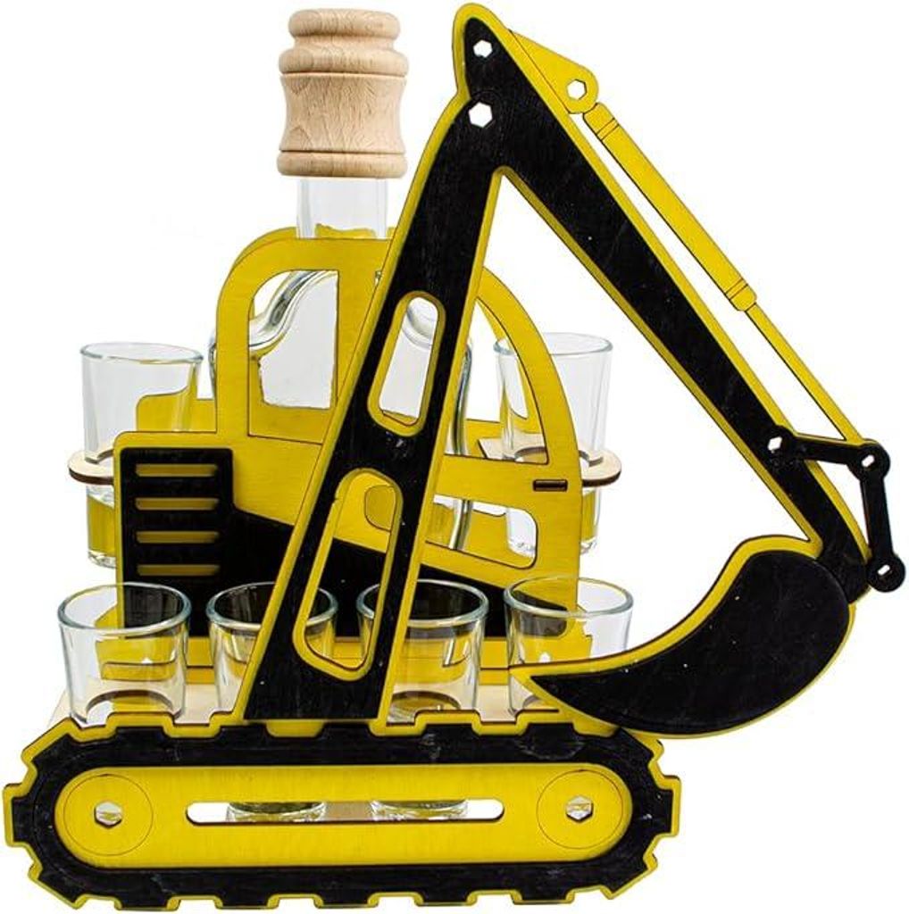 Holz-Bagger mit Karaffe & 6 Gläsern – Geschenk für Produktbild 
