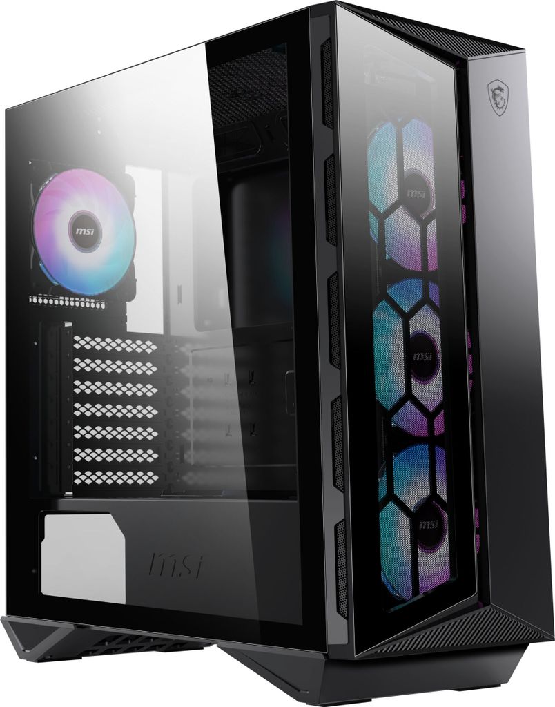 A black computer tower with RGB lighting.