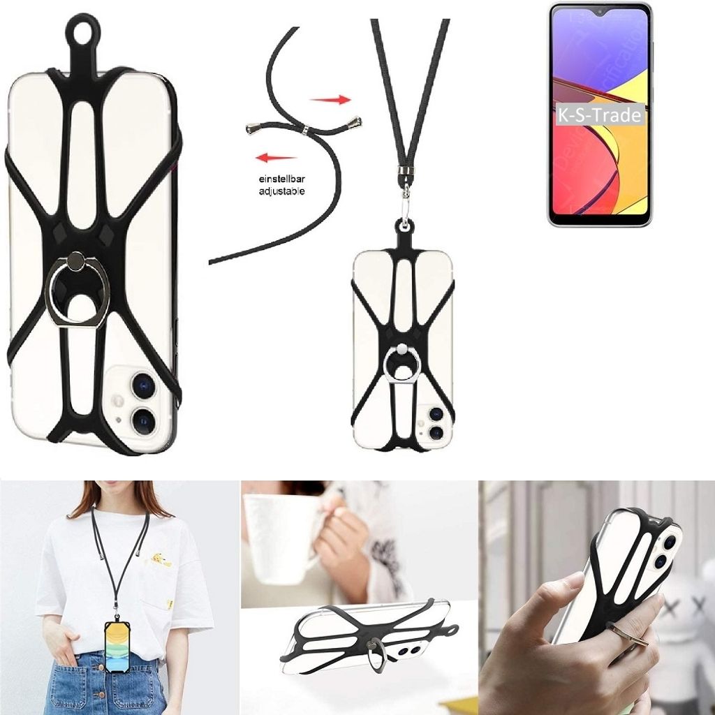 K-S-Trade 3in1 Handykette Handyband Handykordel Halsband Smartphone-Ring Handy-Ring kompatibel mit Samsung Galaxy A21 Simple SCV49 Fingerhalterung