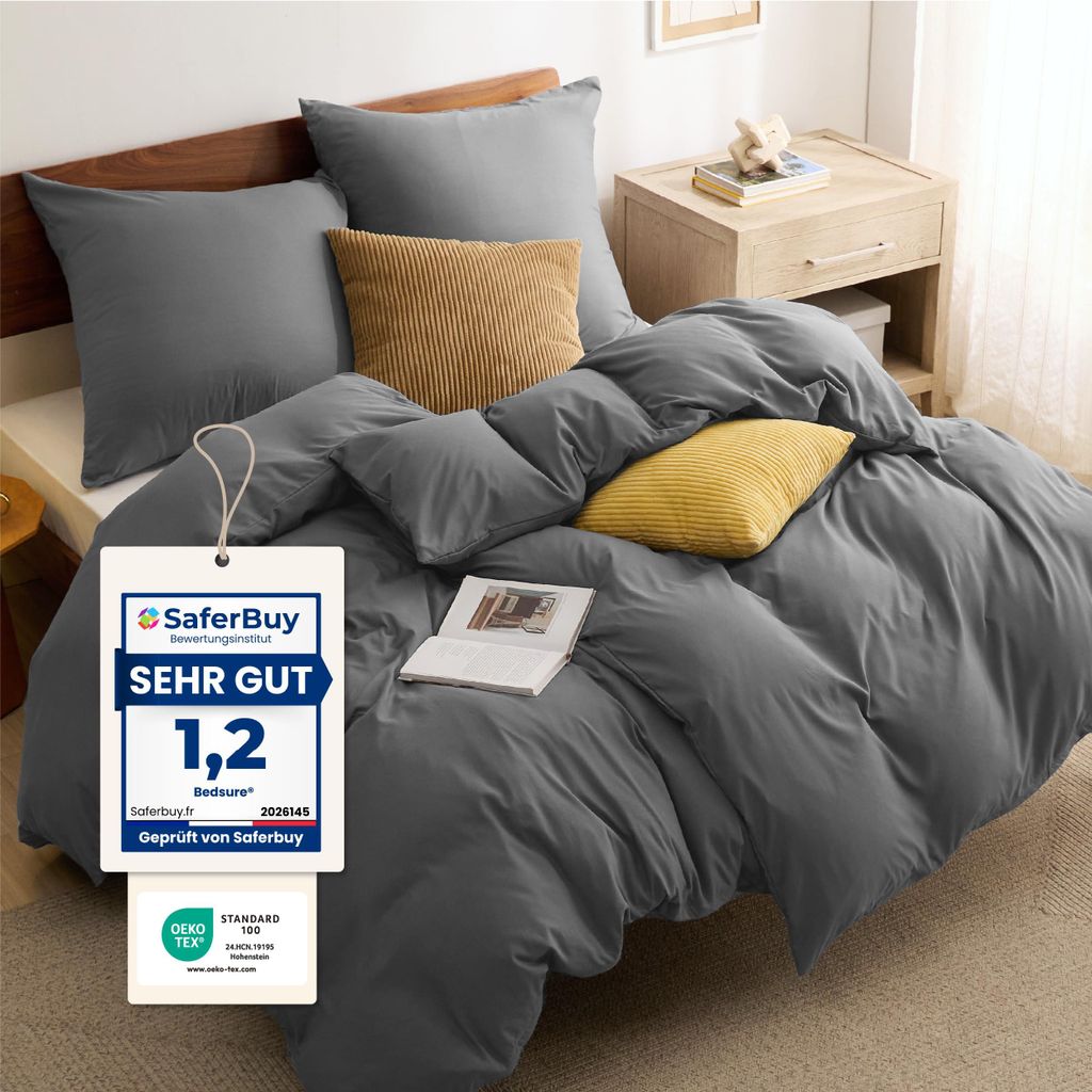 BEDSURE Bettwäsche 135x200 4teilig Anthrazit - 2 Bettbezüge Produktbild 