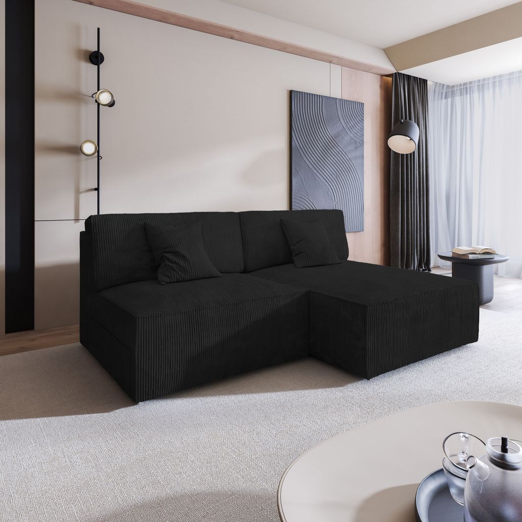 Masseno Ecksofa FIORO P mit Schlaffunktion L-Form, Sofa mit Bettkasten, Wohnzimmersofa, Couch, Soffa, Bettsofa, Couchgarnitur- Schwarz, POSO 135