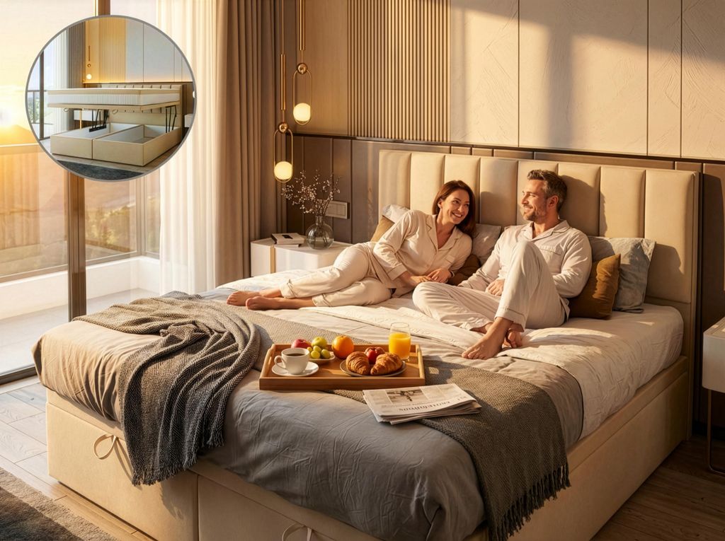 A couple enjoying breakfast in bed in a modern bedroom.