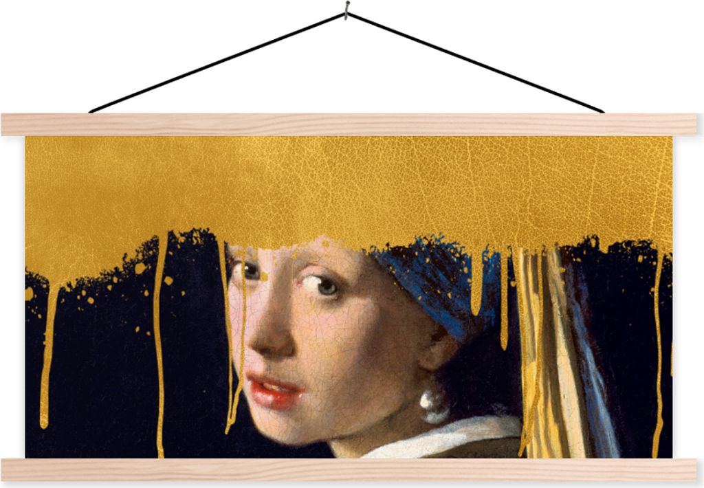 MuchoWow Textilposter Mädchen mit einem Perlenohrring - Gold - Vermeer 120x60 cm mit holzfarbenen Rahmen - Klemmleiste