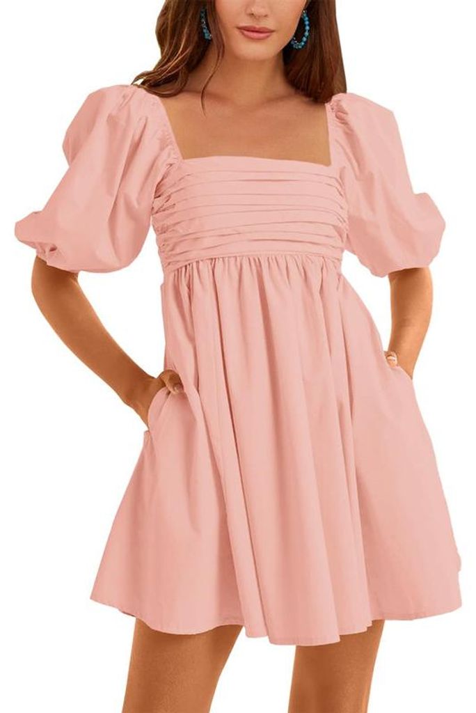 Imily Bela Damenkleid mit eckigem Ausschnitt, halben Puffärmeln, hoher Taille, A-Linie, lässigem rückenfreiem, gerafftem kurzem Babydoll-Minikleid