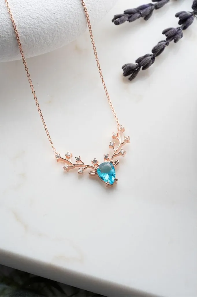 Collier renne argent 925, pierre aigue-marine et zircone scintillante