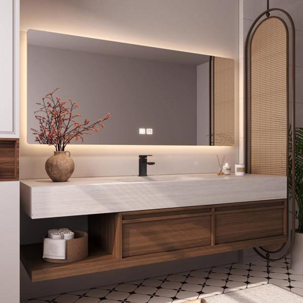 Wandhängendes Badmöbel-Set Travertin-Look mit Sinterstein Waschbecken Spiegel Unterschrank Ablage mit Armaturloch 140×55 cm【RW016-140 K】