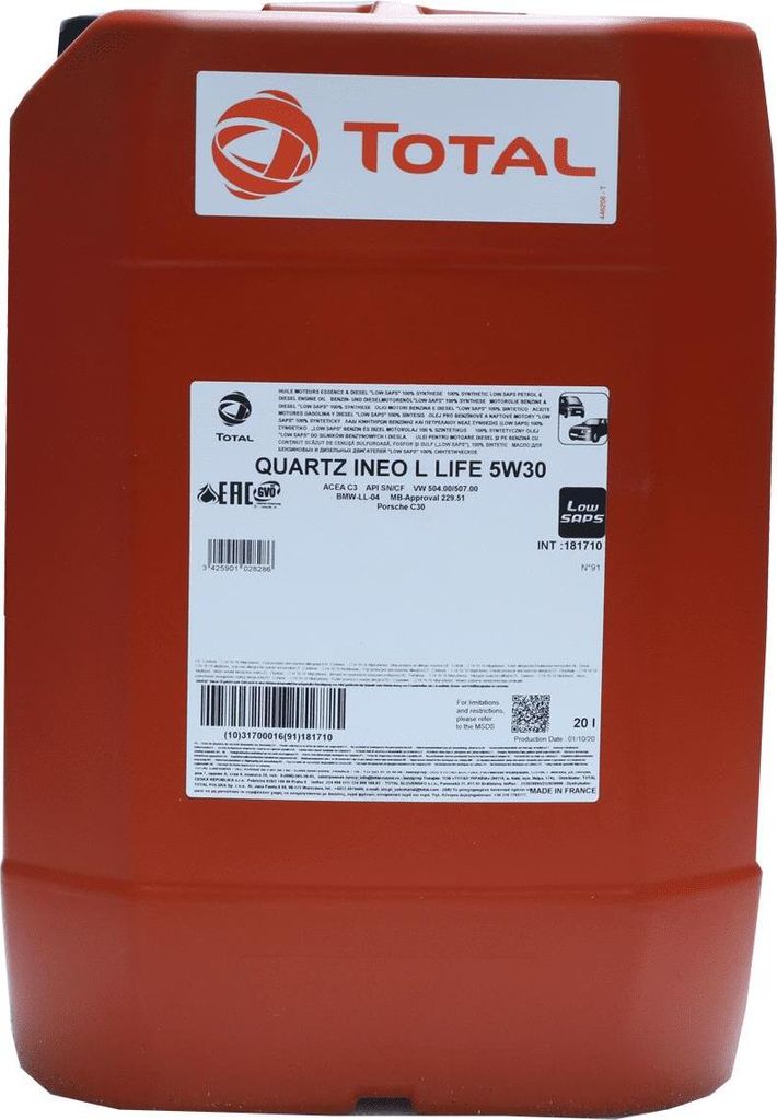 A red plastic container of Total Quartz Ineo Longlife 5W-30 motor oil.
