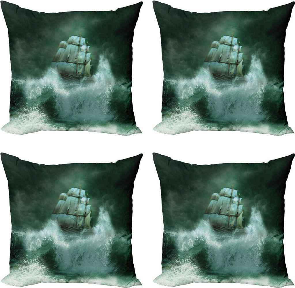 ABAKUHAUS Piratenschiff Kissenbezug Set (4 Stück), Gewitter Kunst, Moderner Doppelseitiger Digitaldruck, 50 cm x 50 cm, Jade-Grün Dark Green