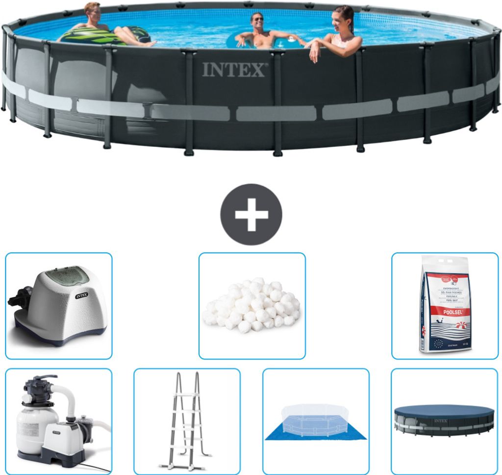 Intex Round Ultra XTR Frame Swimming Pool – 610 x 122 cm – inklusive Pumpe – Leiter – Bodenplane – Abdeckung Salzwassersystem - Filterbä...