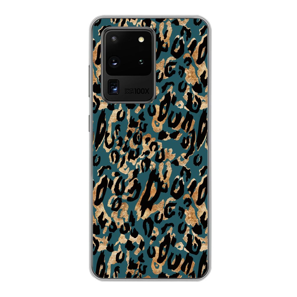 MuchoWow Handyhülle Schutzhülle Hülle für Samsung Galaxy S20 Ultra Pantherdruck - Schwarz - Braun - Türkis Silikon Softcase Handy Hülle - K...