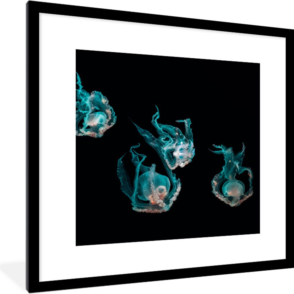 MuchoWow Gerahmtes Poster Quallen - Meerestiere - Schwarz 40x40 cm - Poster mit Schwarzem Bilderrahmen Wandposter Rahmen Foto Bilder