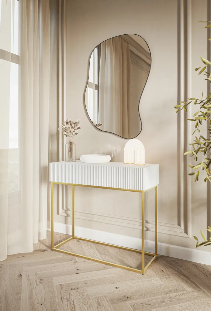 Console Blanche Pieds Métal Doré VELDIO - Table d'Appoint Chic 90cm